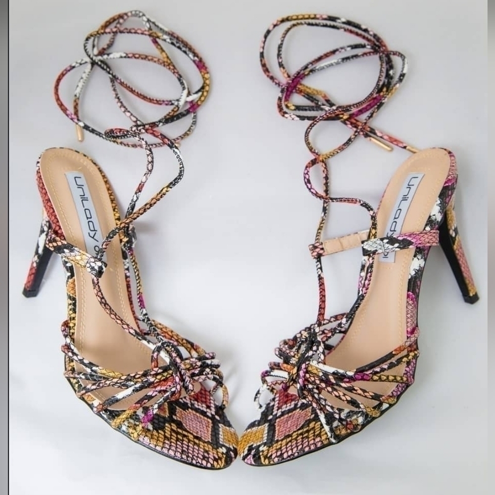 Multicolored, strappy heeled sandal
